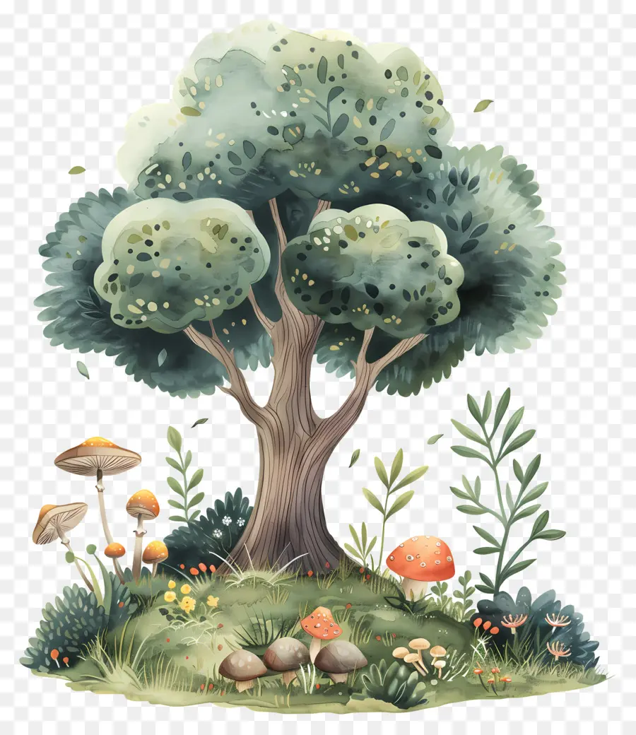 Arbre Aquarelle，Arbre Et Champignons PNG