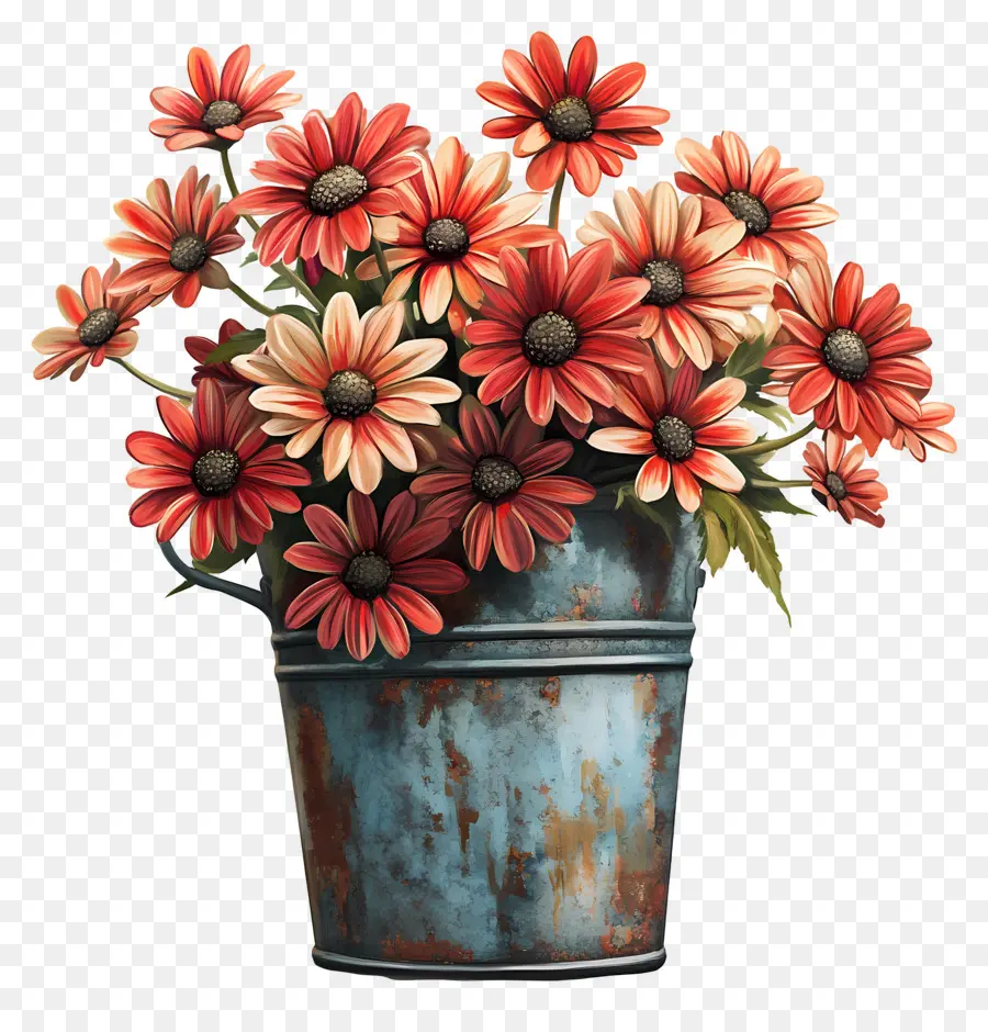 Marguerites，Marguerites Rouges Dans Un Seau Rouillé PNG