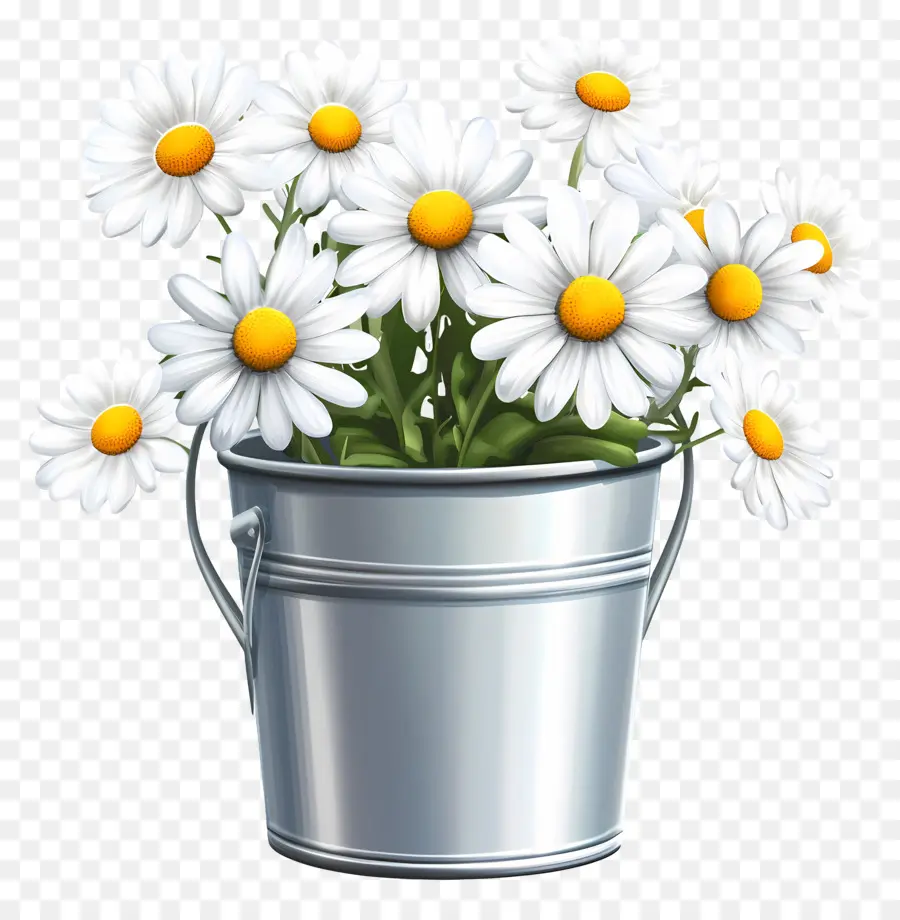 Marguerites，Marguerites Blanches Dans Un Seau Bleu PNG