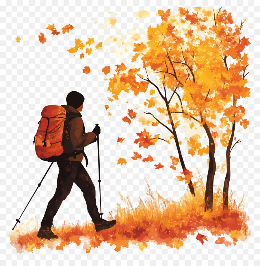 Randonnée En Automne，Randonneur Avec Sac à Dos Orange PNG