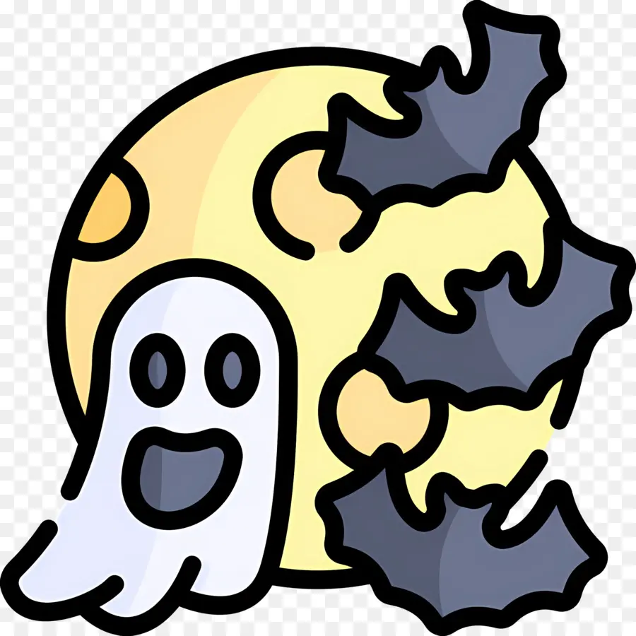 Lune D'halloween，Fantôme Et Chauves Souris PNG