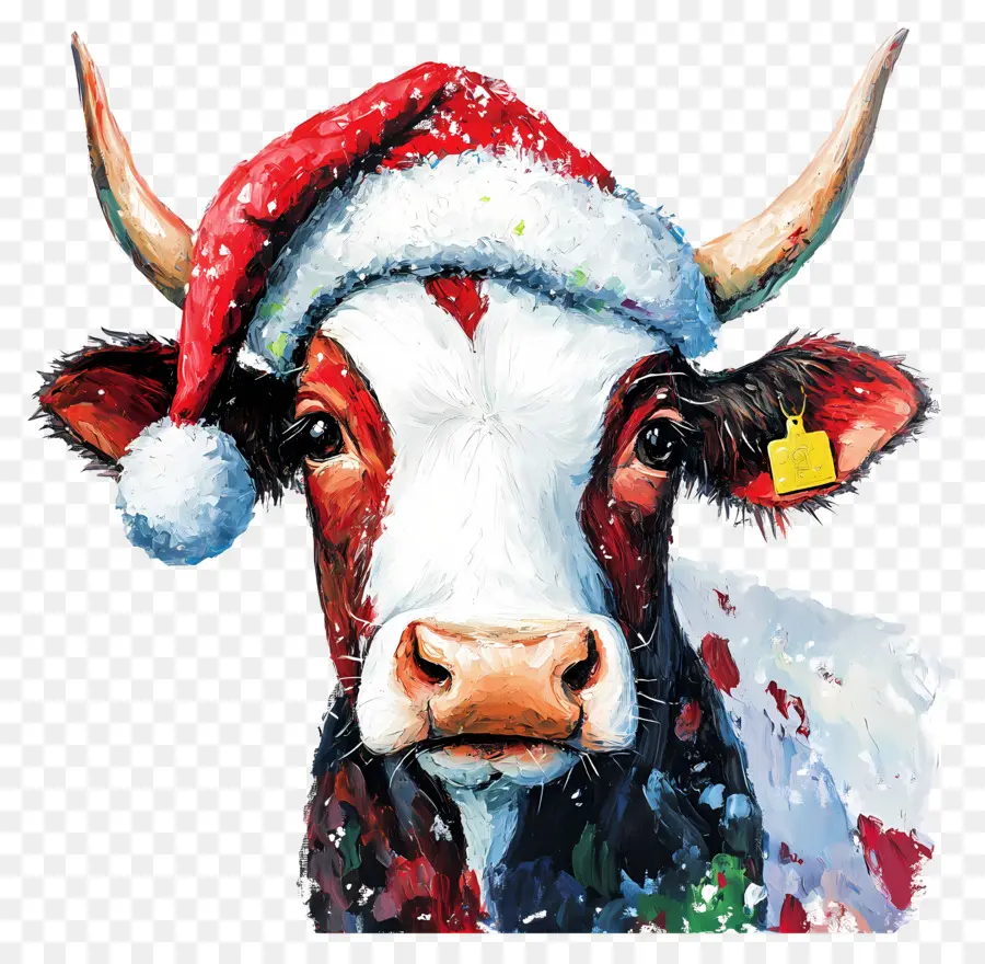 Vache De Noël，Vache Colorée Avec Chapeau De Père Noël PNG