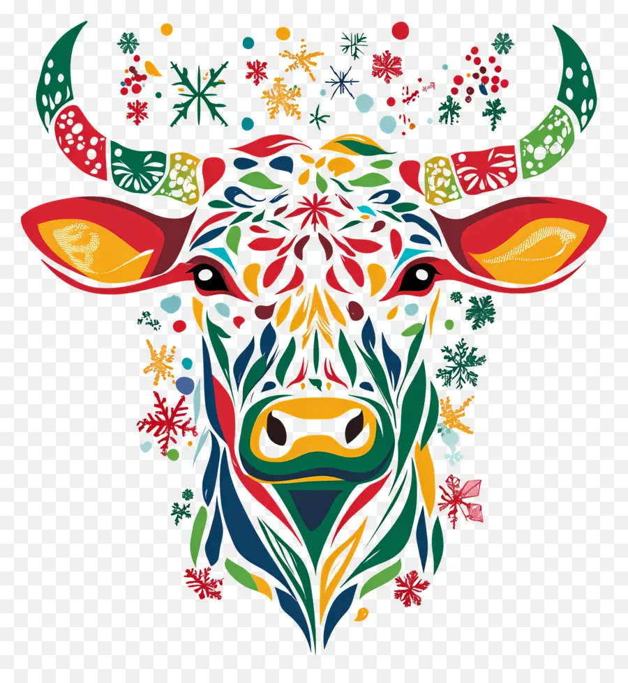 Vache De Noël，Vache Colorée Avec Des Flocons De Neige PNG