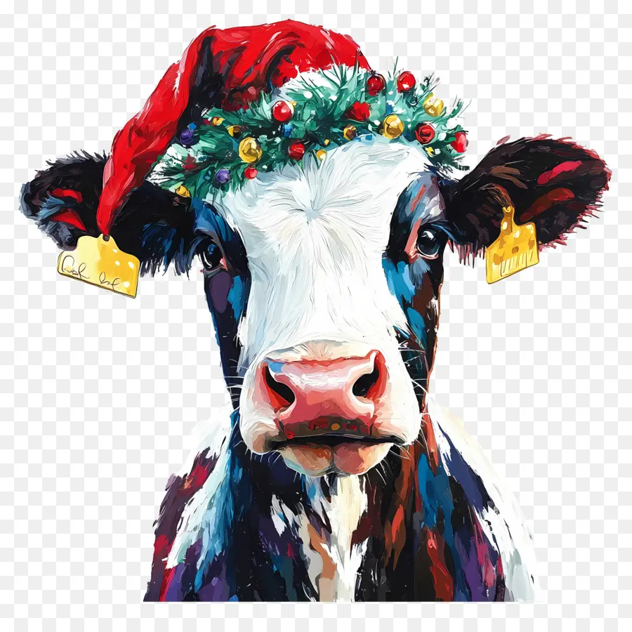 Vache De Noël，Vache Colorée Avec Chapeau De Père Noël PNG