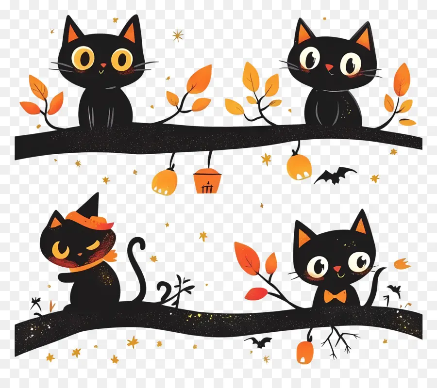 Modèle De Bannière D'halloween，Chats Noirs Sur Les Branches PNG