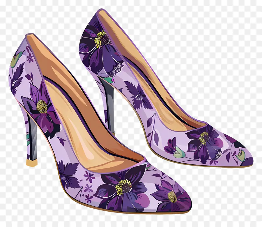 Chaussure à Talons Aiguilles，Chaussures à Fleurs Violettes PNG