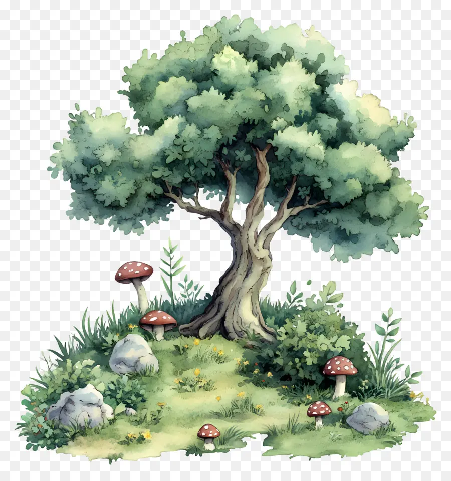 Arbre Aquarelle，Arbre Et Champignons PNG