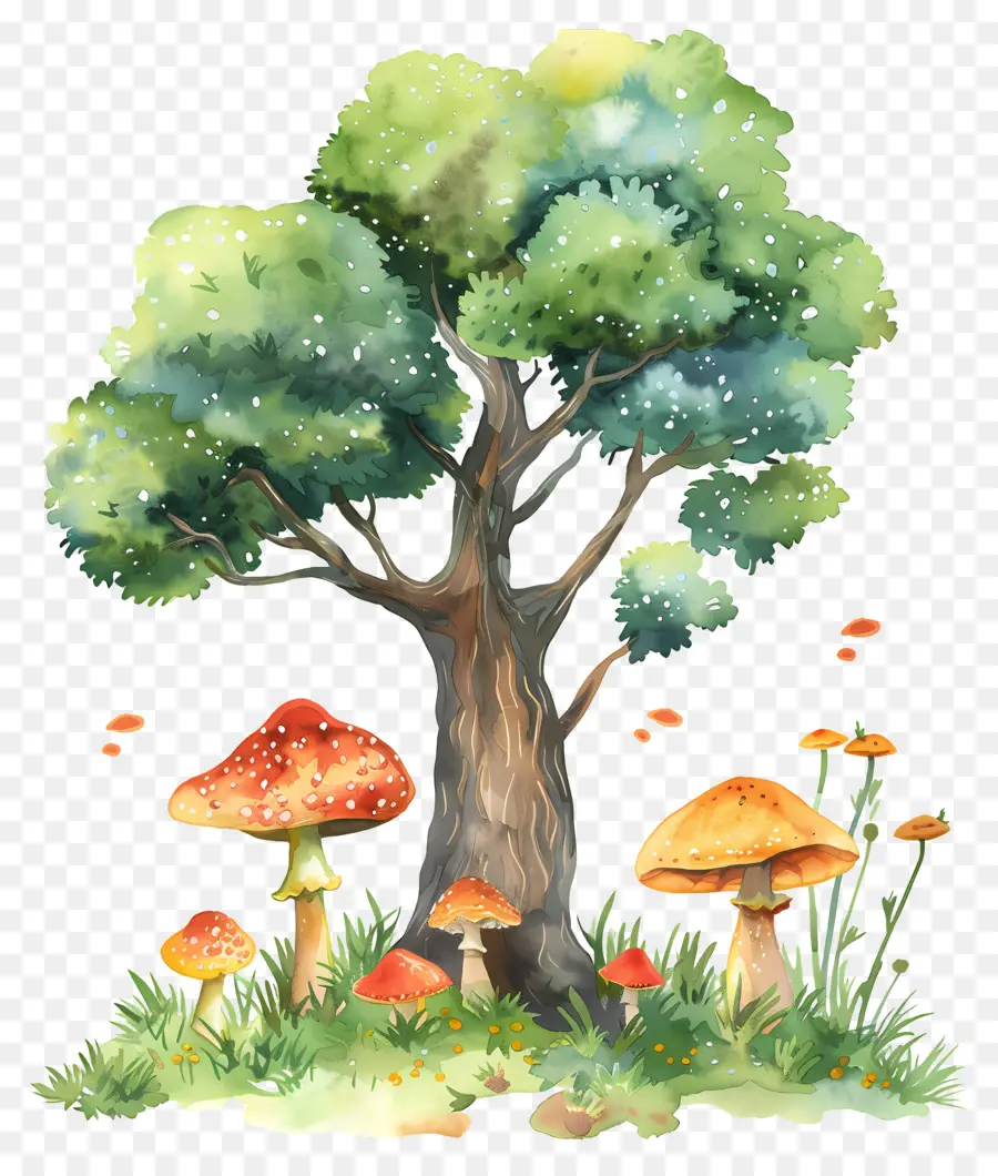 Arbre Aquarelle，Arbre Et Champignons PNG