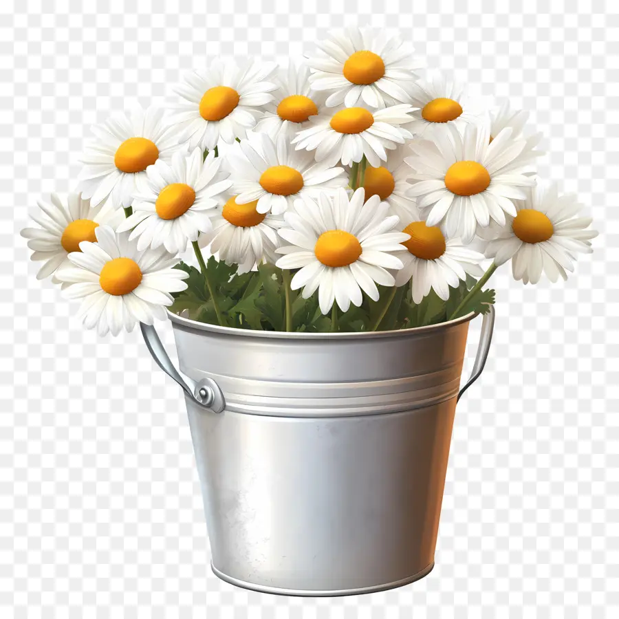 Marguerites，Marguerites Blanches Dans Un Seau Bleu PNG