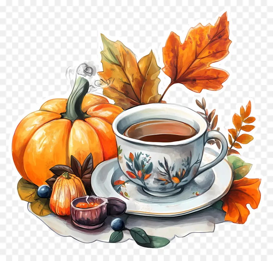 Thé De L'après Midi D'automne，Tasse à Café Avec Feuilles D'automne PNG