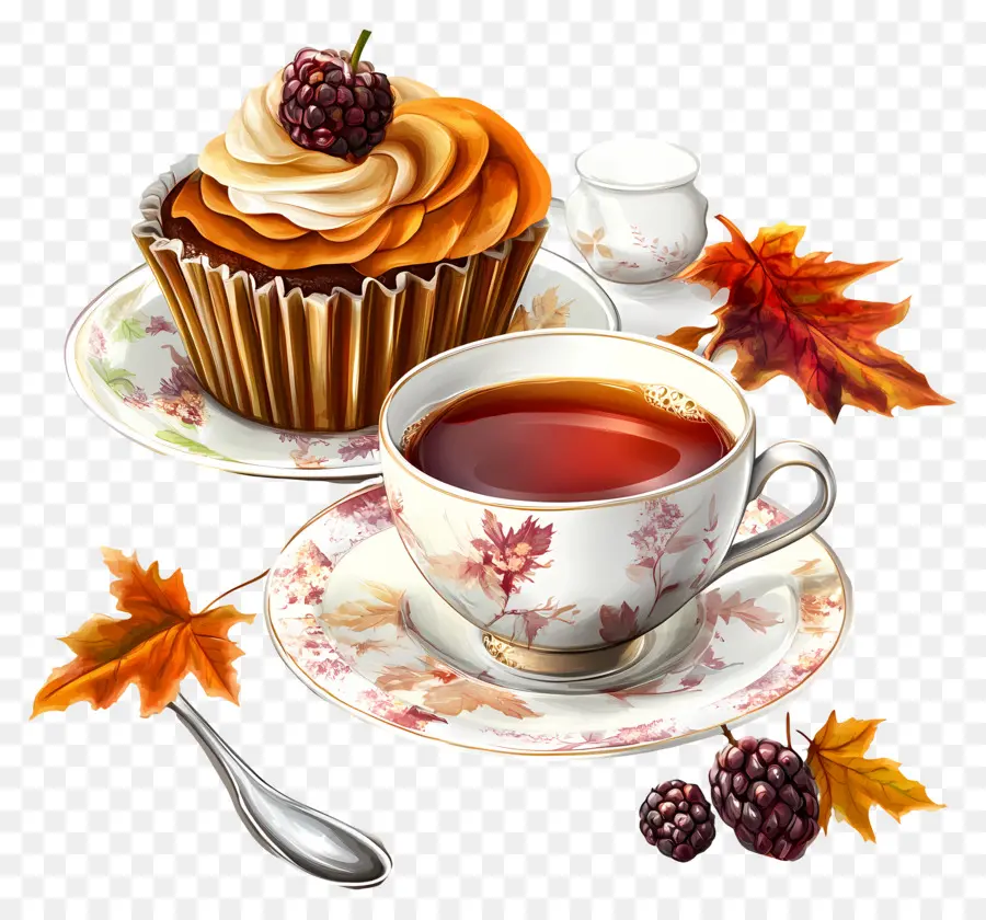 Thé De L'après Midi D'automne，Cupcake Et Thé PNG