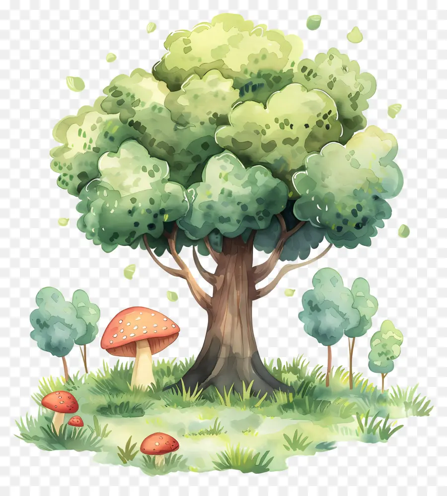 Arbre Aquarelle，Arbre Et Champignons PNG