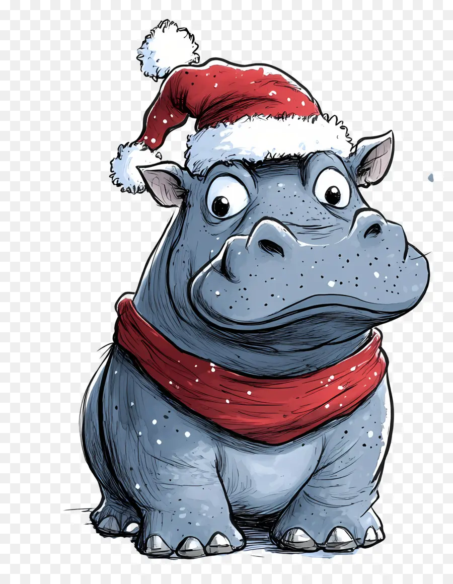 Hippopotame De Noël，Hippopotame De Dessin Animé Avec Bonnet De Noel PNG