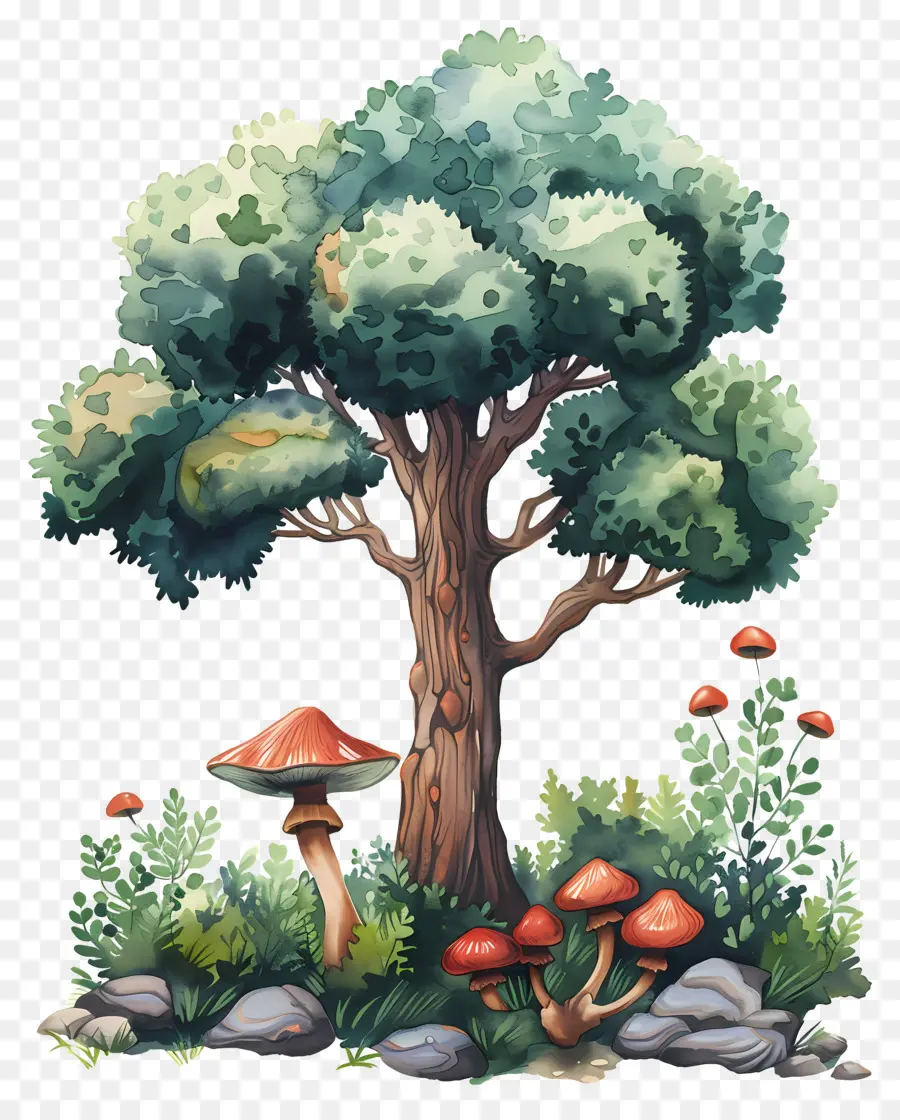 Arbre Aquarelle，Arbre Et Champignons PNG