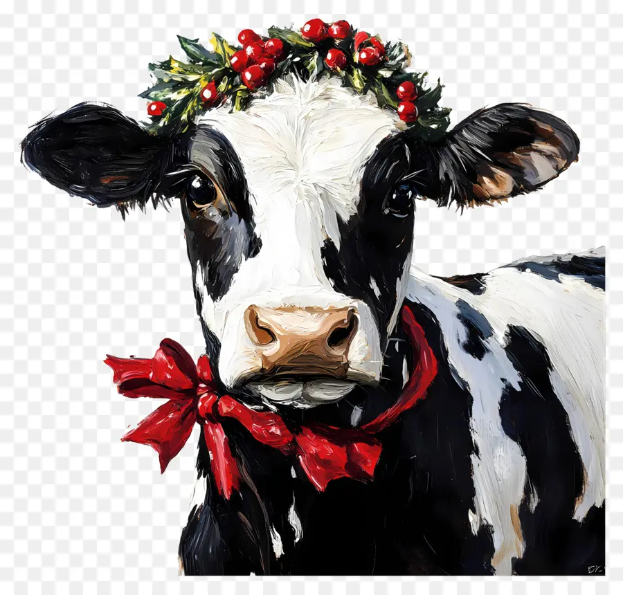 Vache De Noël，Vache Avec Houx Et Arc PNG