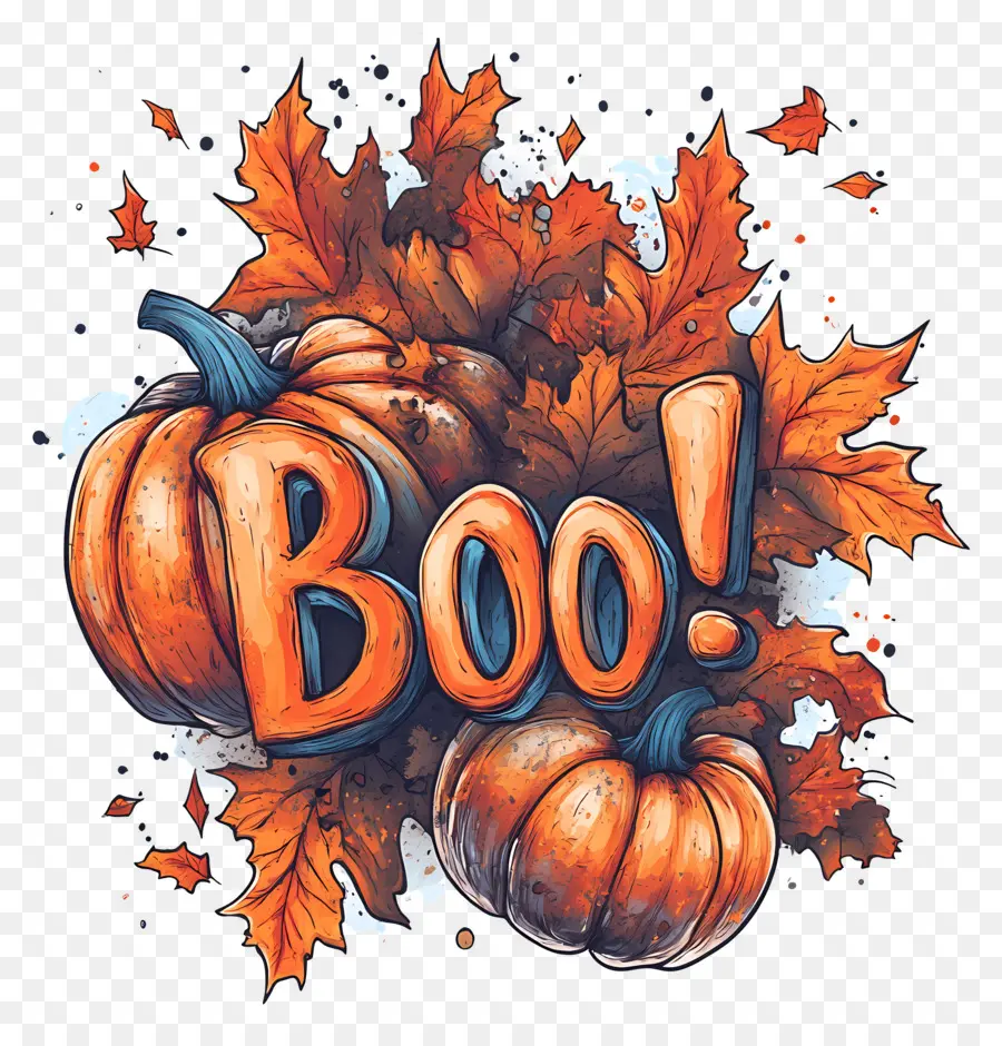 Bouh D'halloween，Citrouilles Et Feuilles PNG