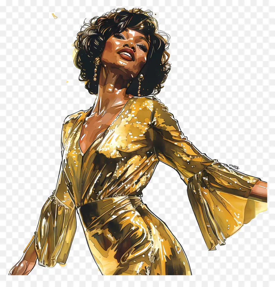 Whitney Houston，Femme En Robe Dorée PNG