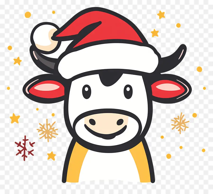 Vache De Noël，Vache Avec Bonnet De Noel Et Flocons De Neige PNG