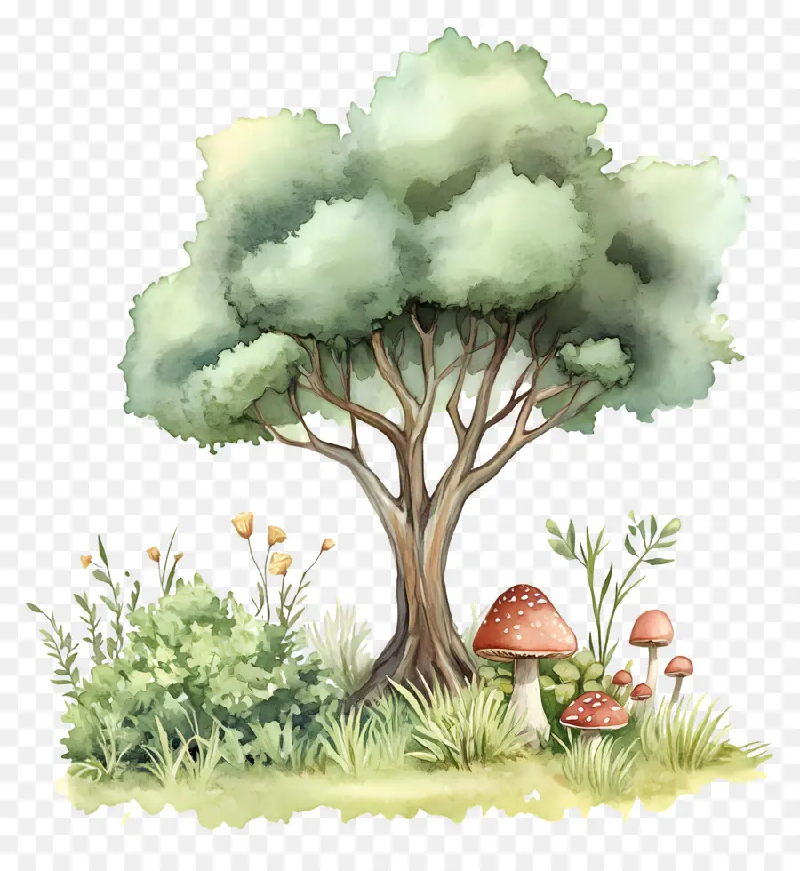 Arbre Aquarelle，Arbre Et Champignons PNG