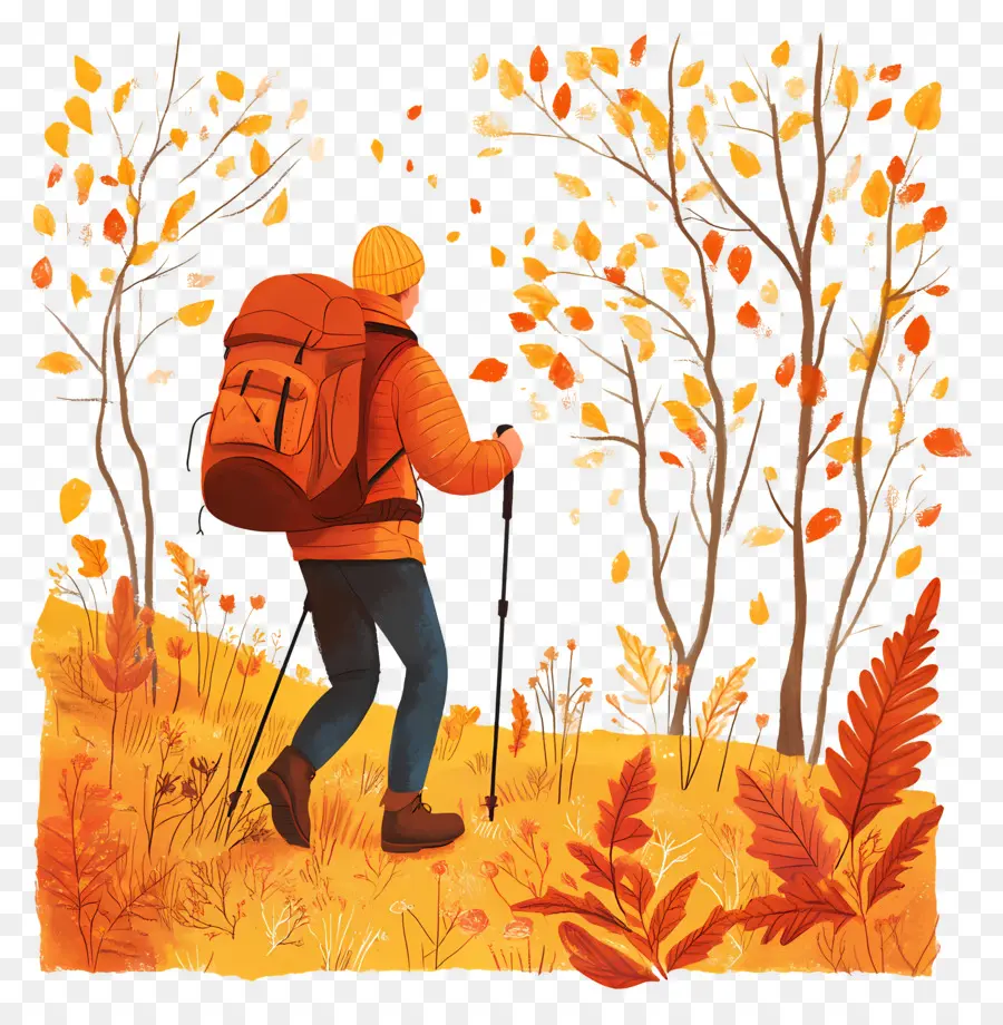 Randonnée En Automne，Randonneur Avec Sac à Dos Orange PNG