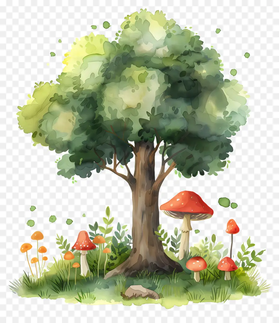 Arbre Aquarelle，Arbre Et Champignons PNG