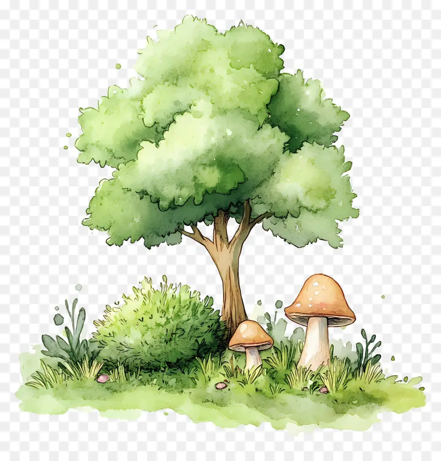 Arbre Aquarelle，Arbre Et Champignons PNG