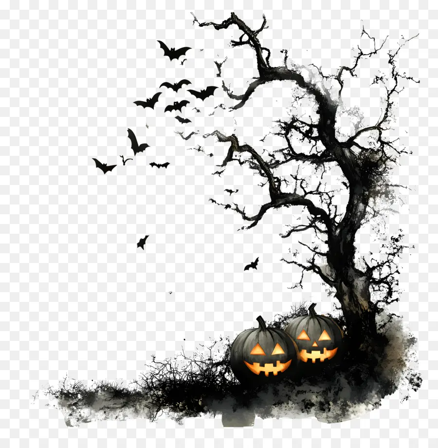 Nuit D'halloween，Arbre Hanté Et Citrouilles PNG