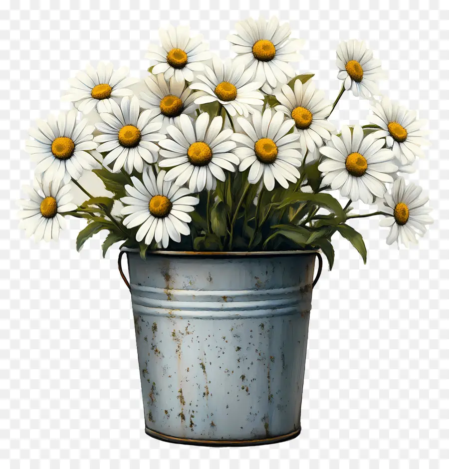 Marguerites，Marguerites Blanches En Pot Bleu PNG