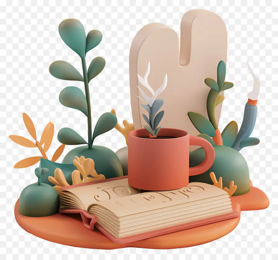 Livres Animés，Livre Ouvert Avec Plantes Et Tasse PNG