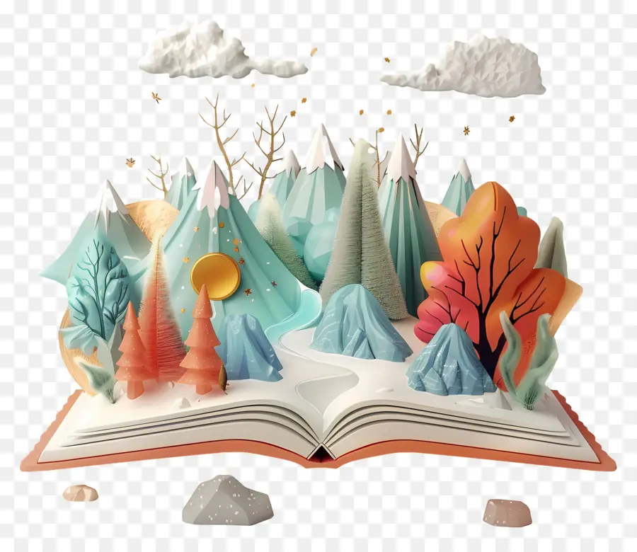 Livres Animés，Livre Ouvert Avec Des Montagnes PNG