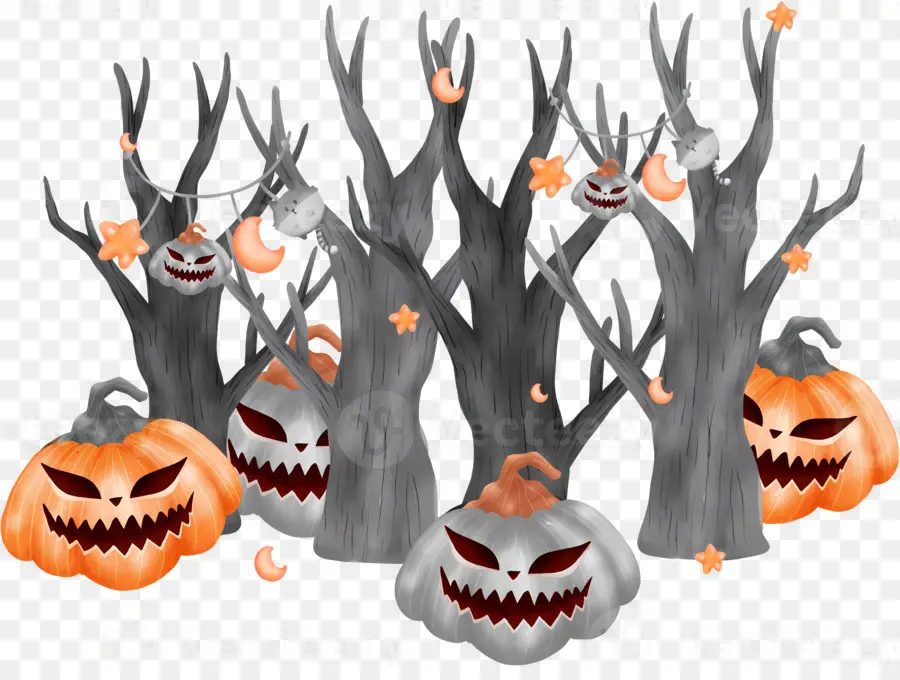 Arbre D'halloween，Arbres Et Citrouilles D'halloween PNG