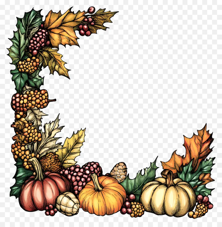 Frontière De Thanksgiving，Cadre D'automne Avec Citrouilles Et Feuilles PNG