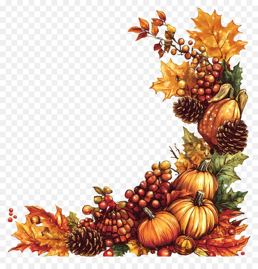 Frontière De Thanksgiving，Cadre D'automne Avec Citrouilles Et Feuilles PNG