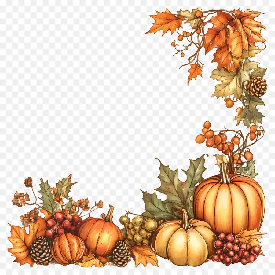 Frontière De Thanksgiving，Cadre D'automne Avec Citrouilles Et Feuilles PNG