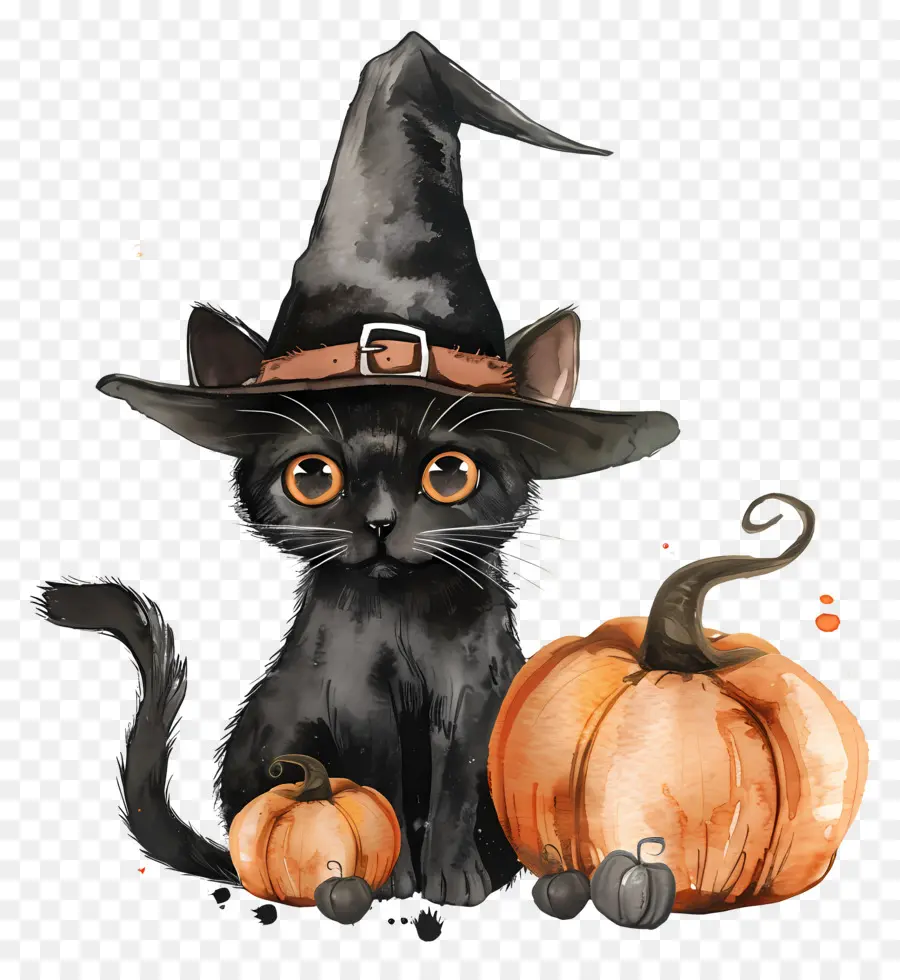 Chat Mignon D'halloween，Chat Noir Avec Des Citrouilles PNG