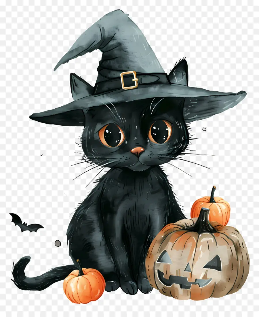 Chat Mignon D'halloween，Chat Noir Avec Des Citrouilles PNG