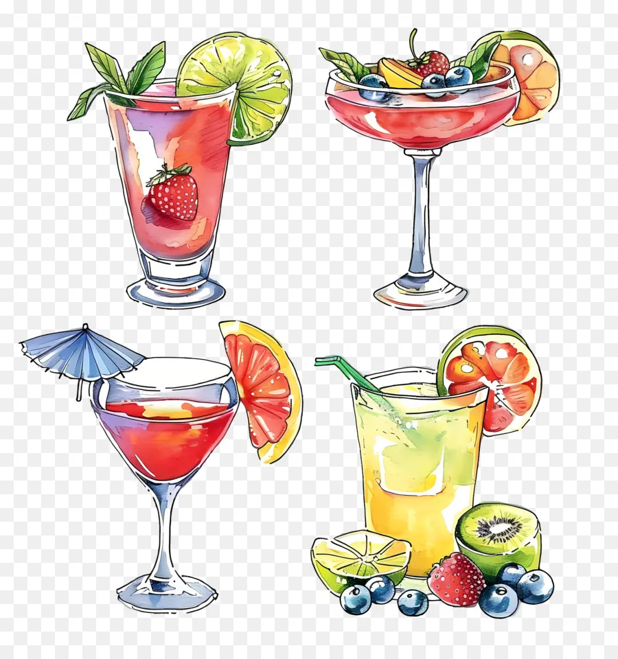 Cocktail Aquarelle，Cocktails Assortis PNG