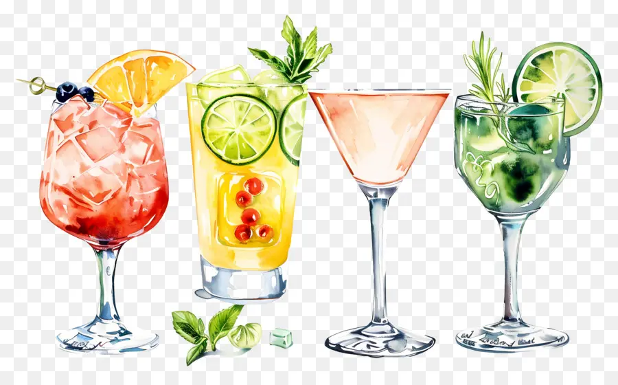 Cocktail Aquarelle，Boissons Colorées PNG