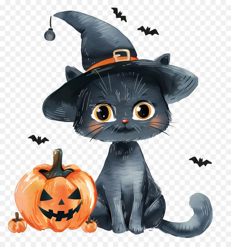 Chat Mignon D'halloween，Chat Noir Avec Des Citrouilles PNG