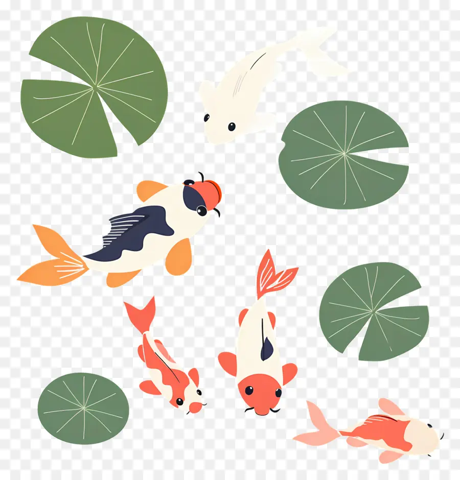 Poisson Koï，Quatre Poissons Koi Avec Des Lys PNG