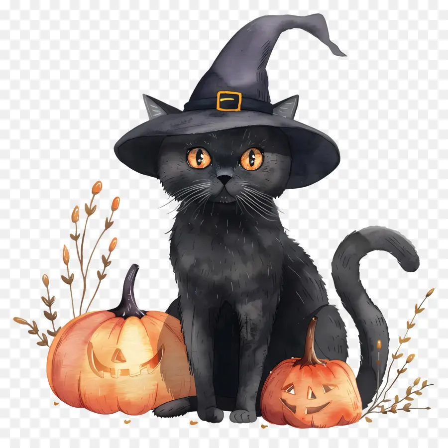 Chat Mignon D'halloween，Chat Noir Avec Des Citrouilles PNG