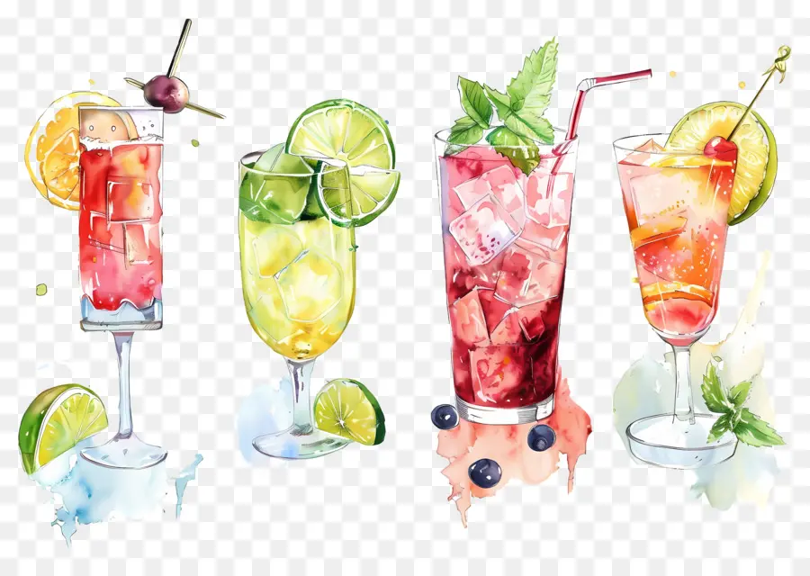 Cocktail Aquarelle，Boissons Colorées PNG