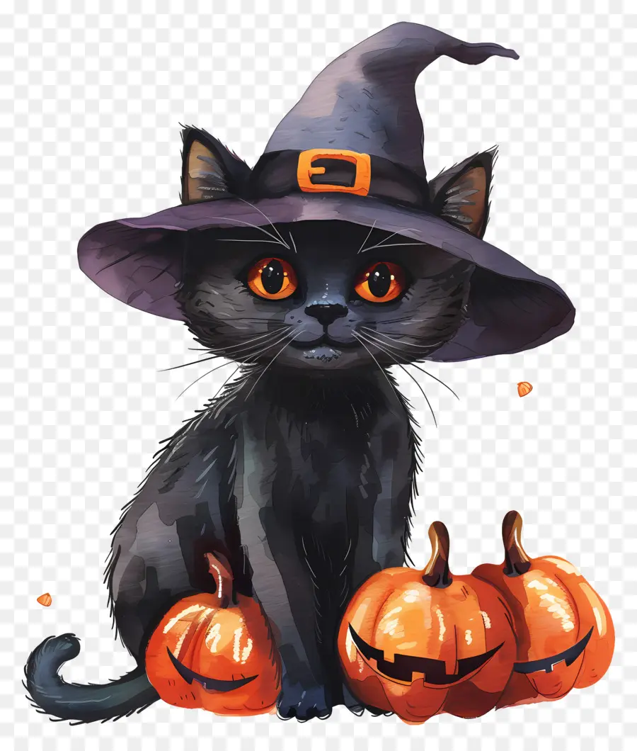 Chat Mignon D'halloween，Chat Noir Avec Des Citrouilles PNG