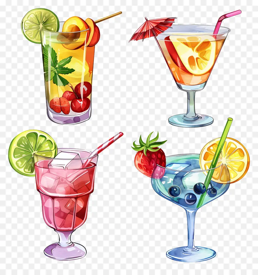 Cocktail Aquarelle，Cocktails Assortis PNG