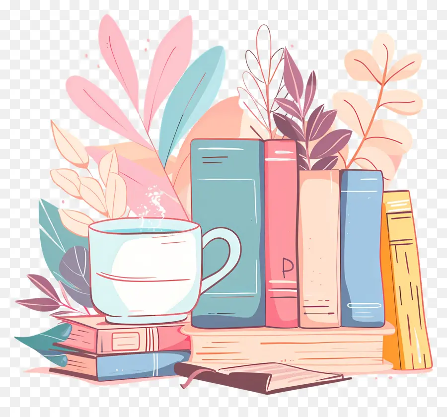 Livre Et Café，Livres Et Plantes Sur Une étagère PNG