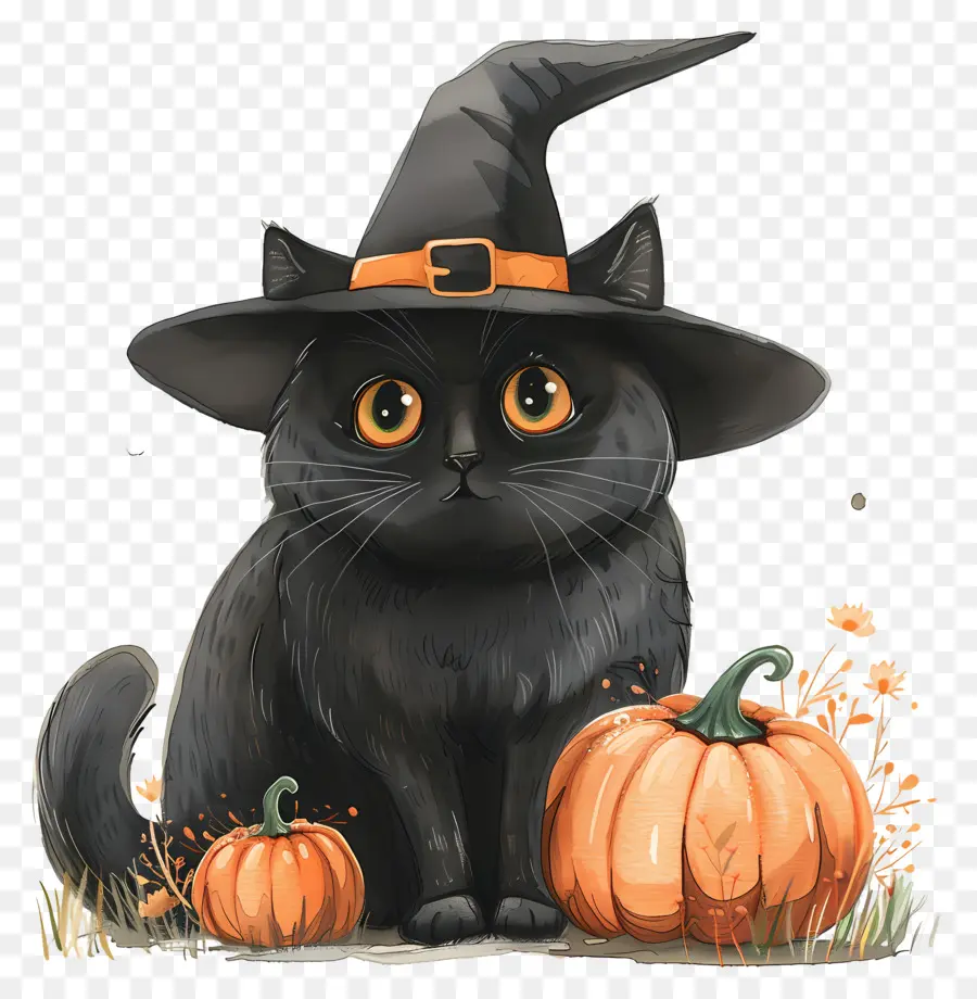 Chat Mignon D'halloween，Chat Noir Avec Des Citrouilles PNG