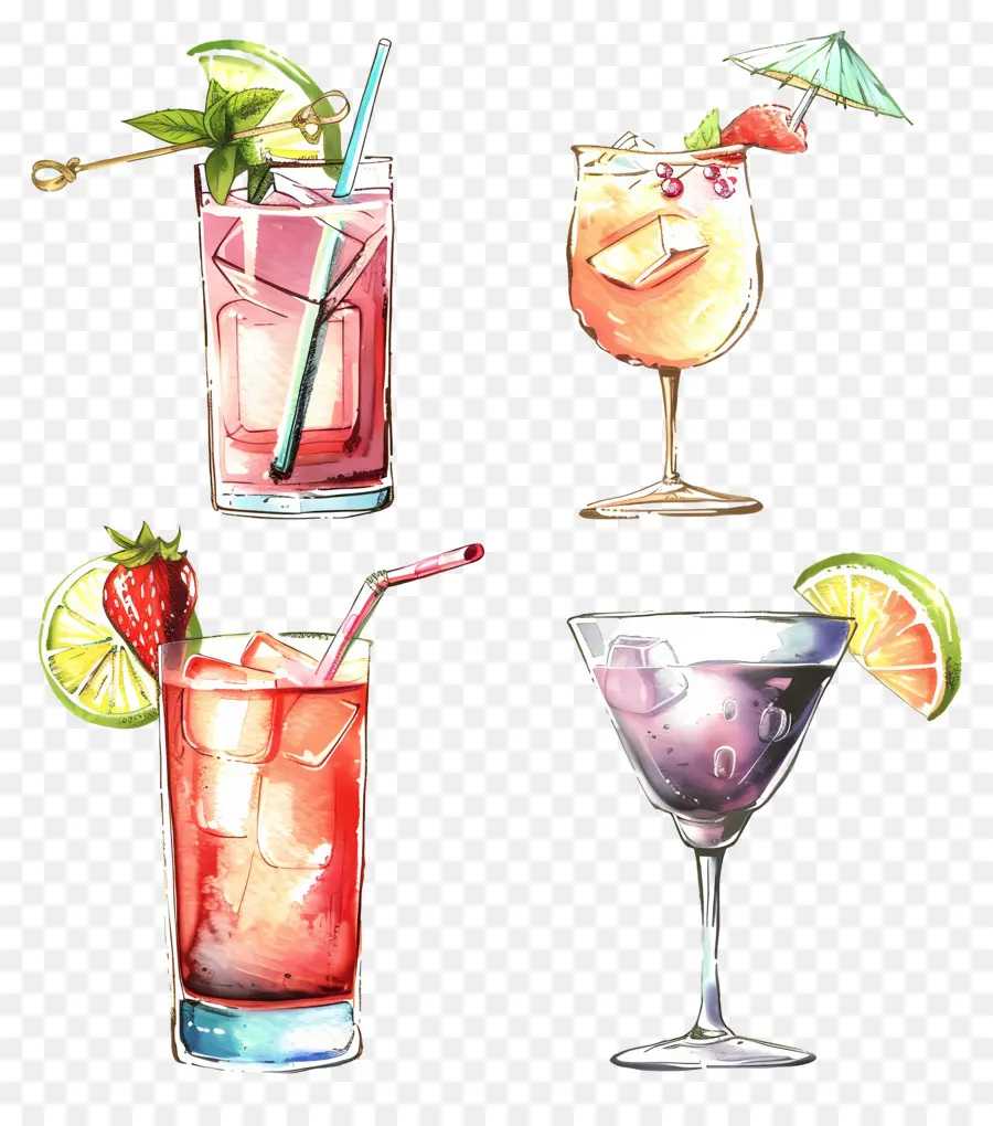 Cocktail Aquarelle，Cocktails Assortis PNG