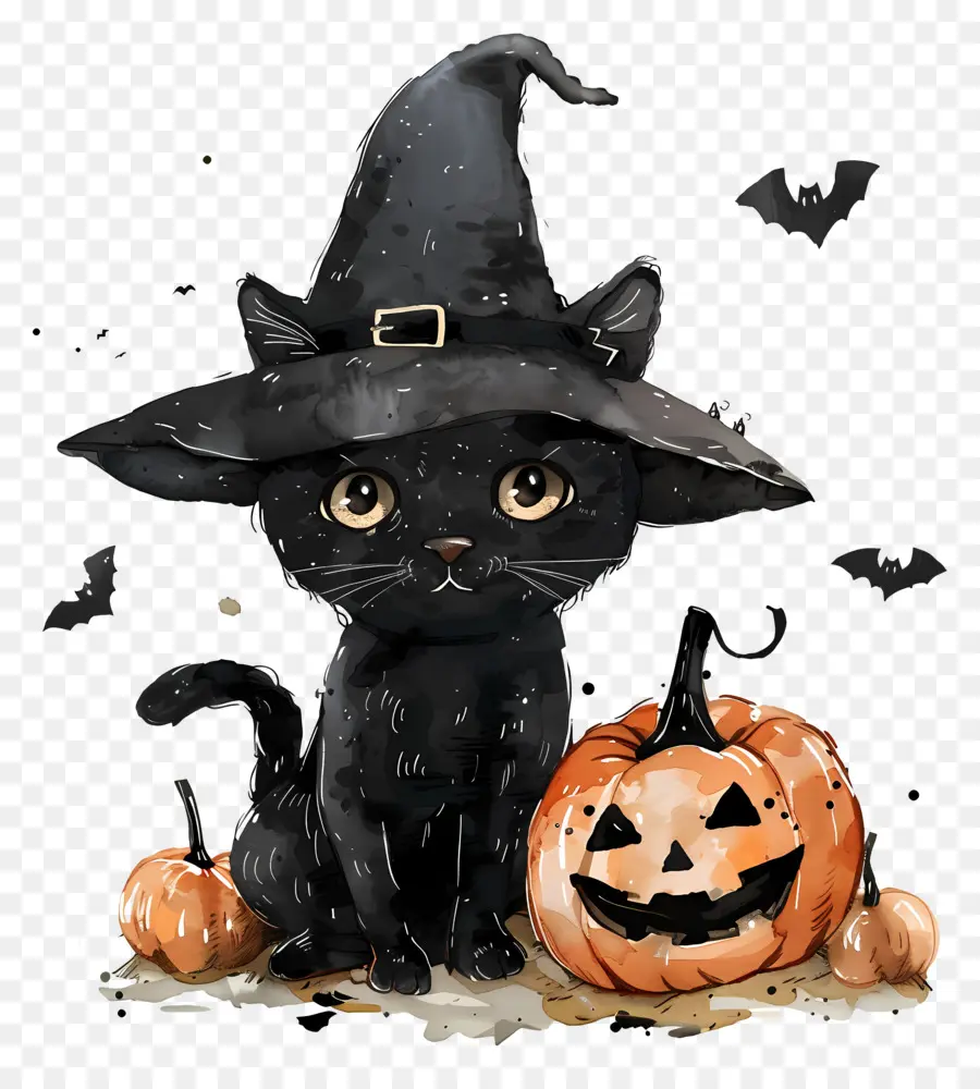 Chat Mignon D'halloween，Chat Noir Avec Des Citrouilles PNG