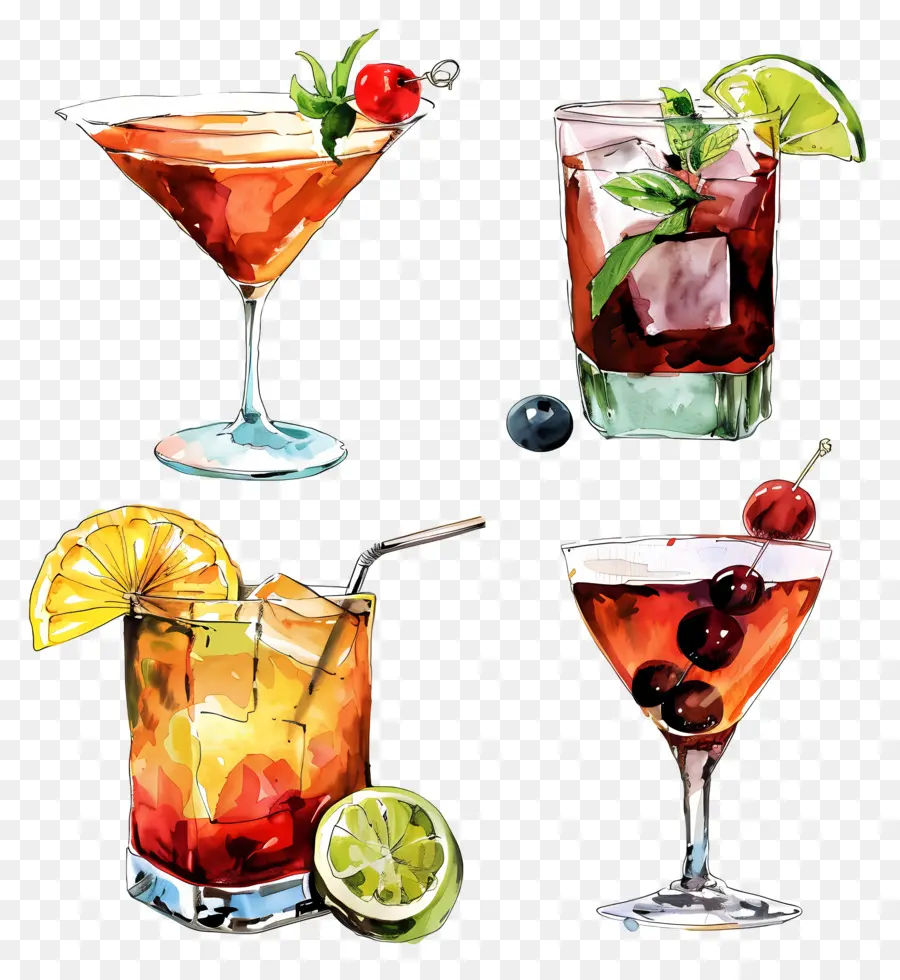 Cocktail Aquarelle，Cocktails Assortis PNG