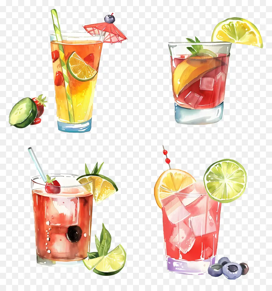 Cocktail Aquarelle，Cocktails Assortis PNG